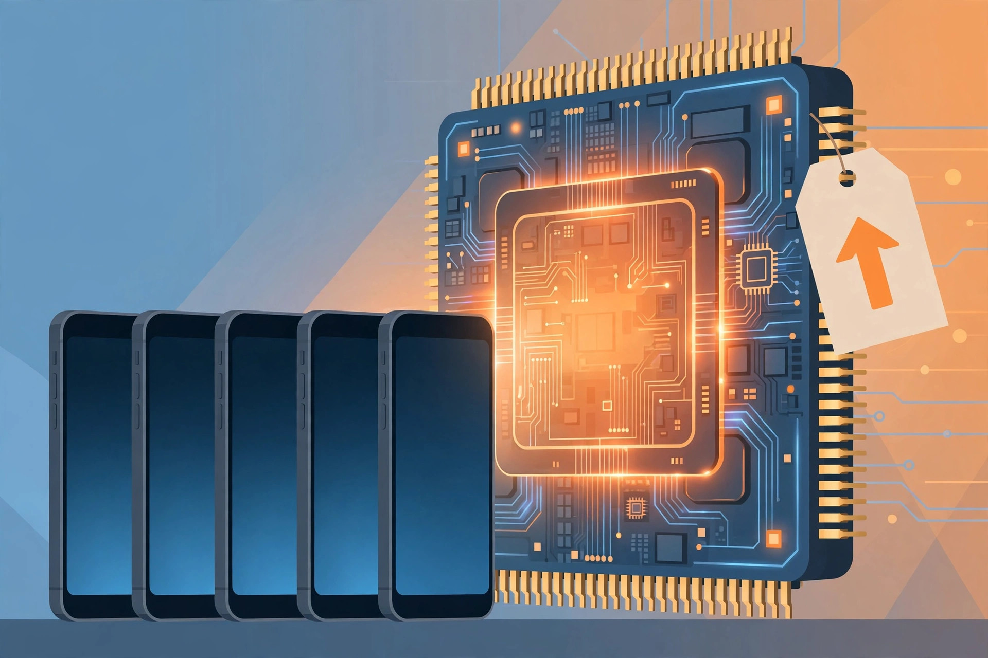 Illustration of smartphones standing next to a giant glowing memory chip with a rising price tag