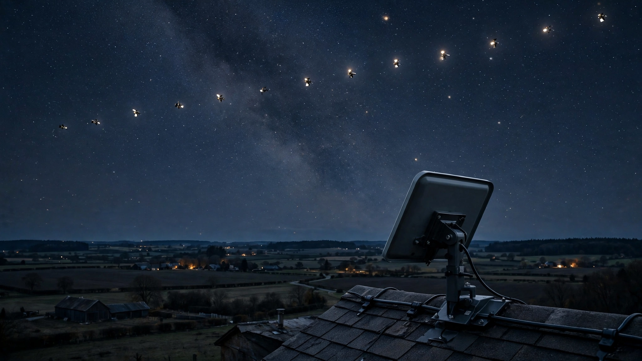 A satellite dish on a rooftop at night receiving signals from satellites passing overhead