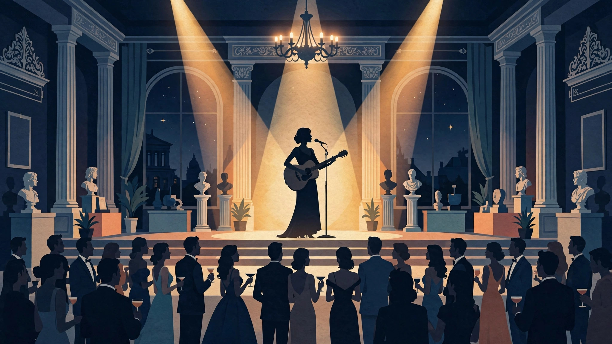 A singer silhouette performing on stage at a glamorous museum gala