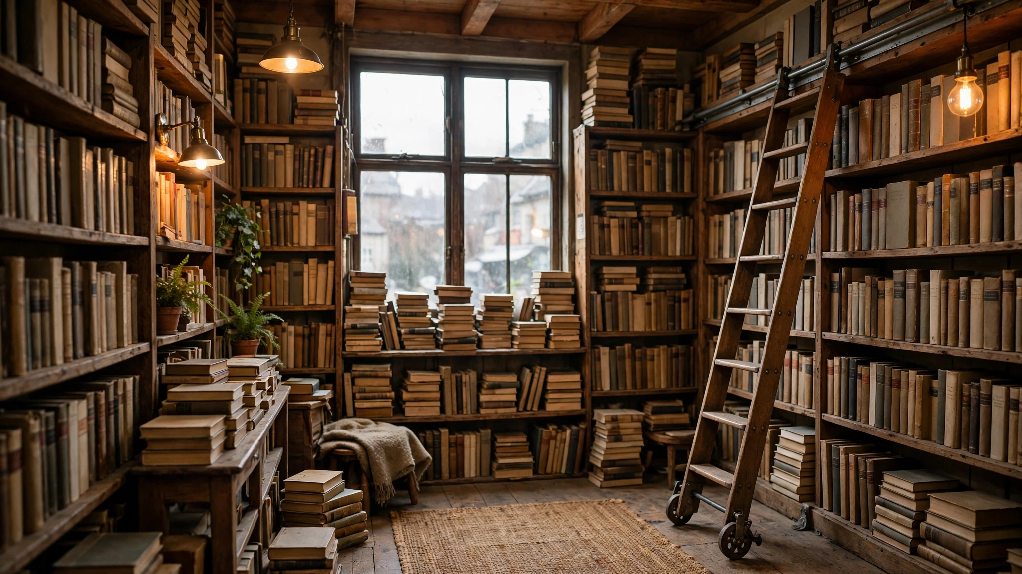 A cosy second-hand bookshop with tall wooden shelves, warm lamps and a window full of old books