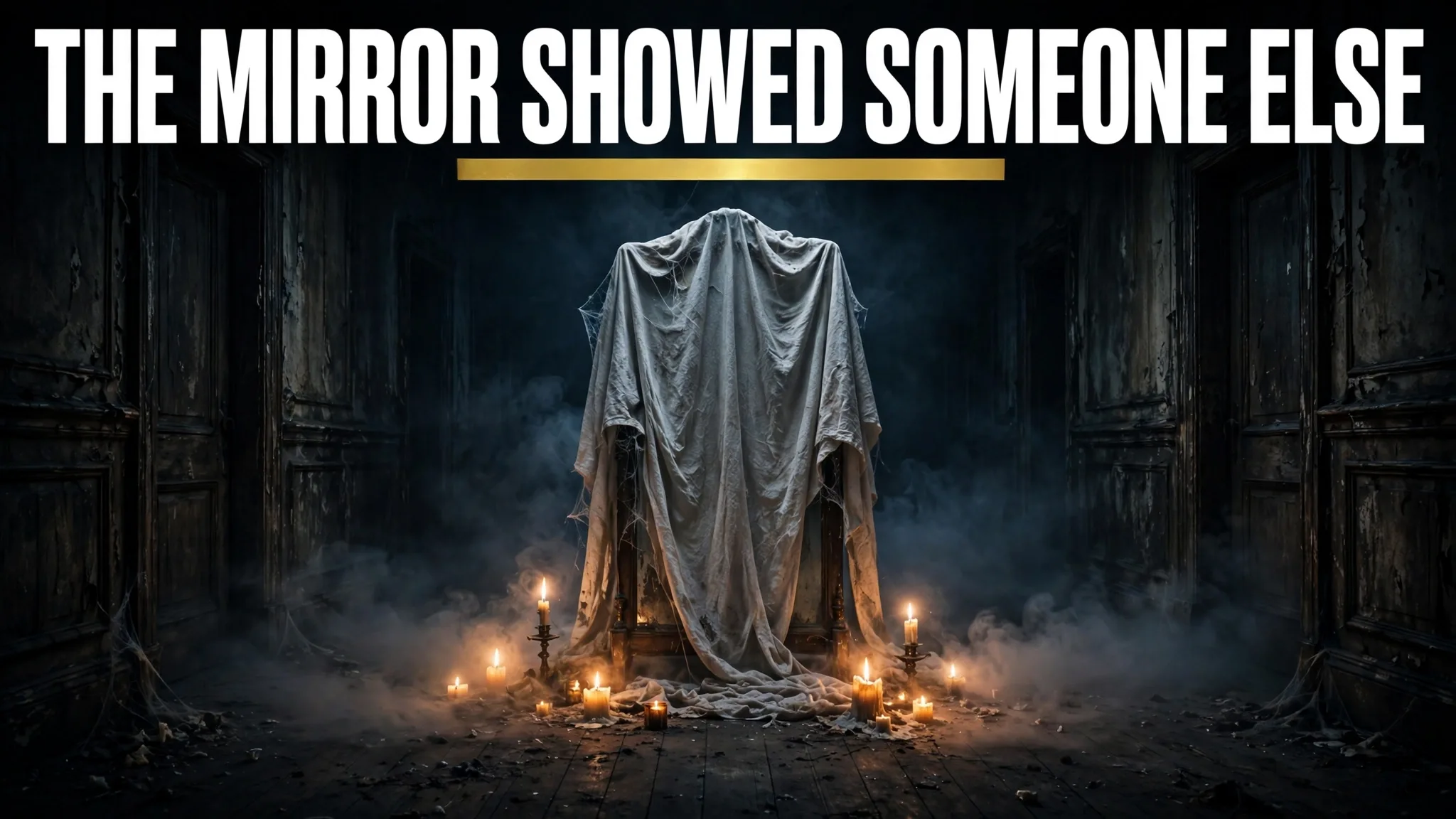 A dark empty hallway at night with a tall old mirror covered by a dusty white cloth and candles on the floor