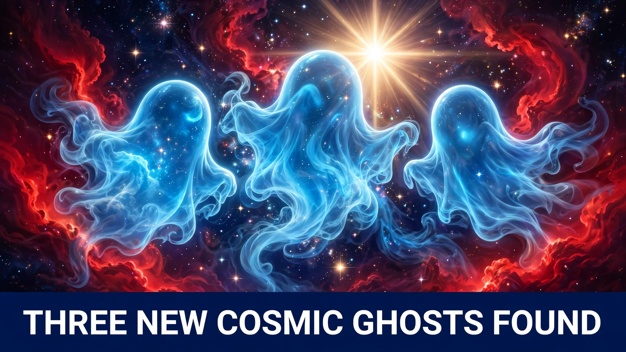 An illustration of three glowing blue ghost-shaped nebulas floating among red space clouds and bright stars in the Cassiopeia constellation.