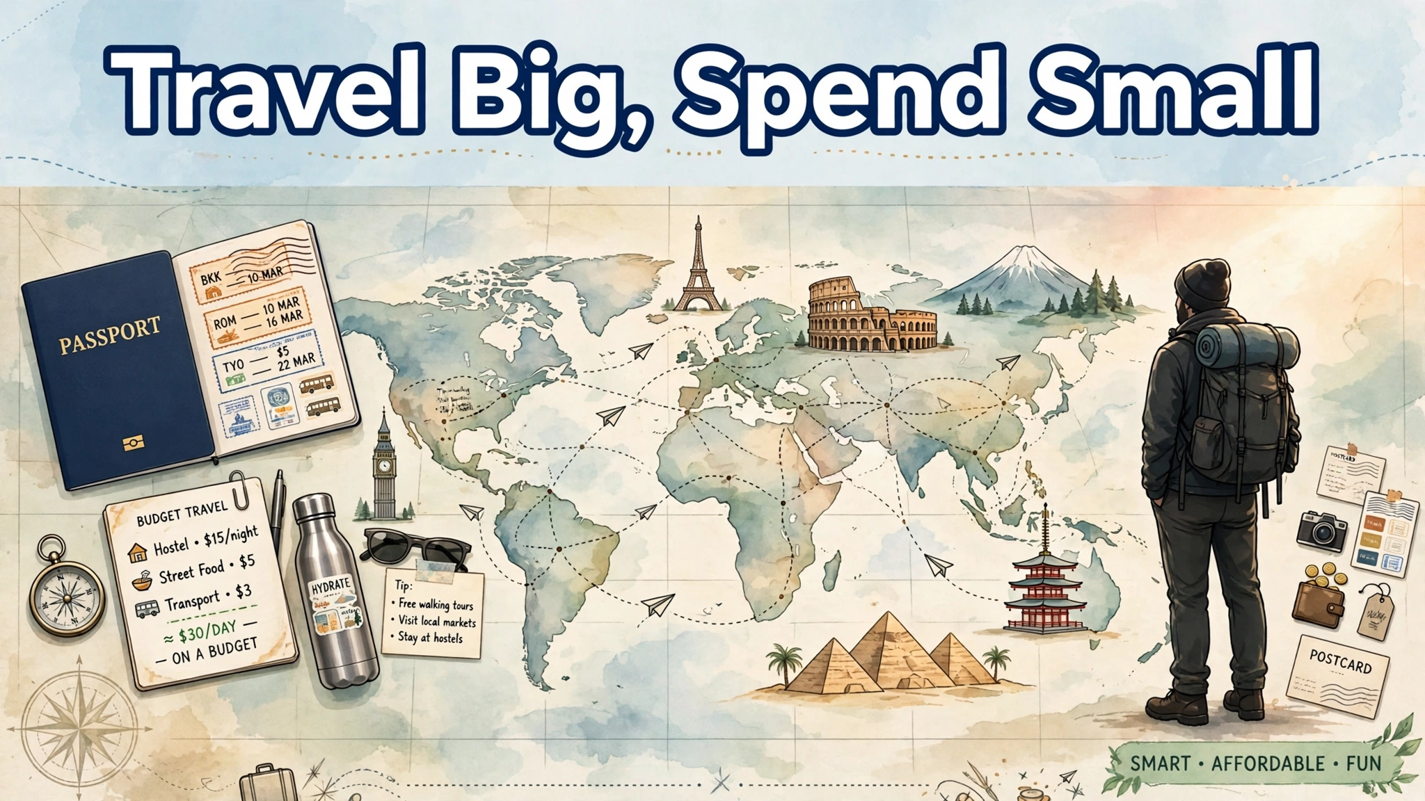A budget traveller with a backpack walking through a colourful old town street with local market stalls.