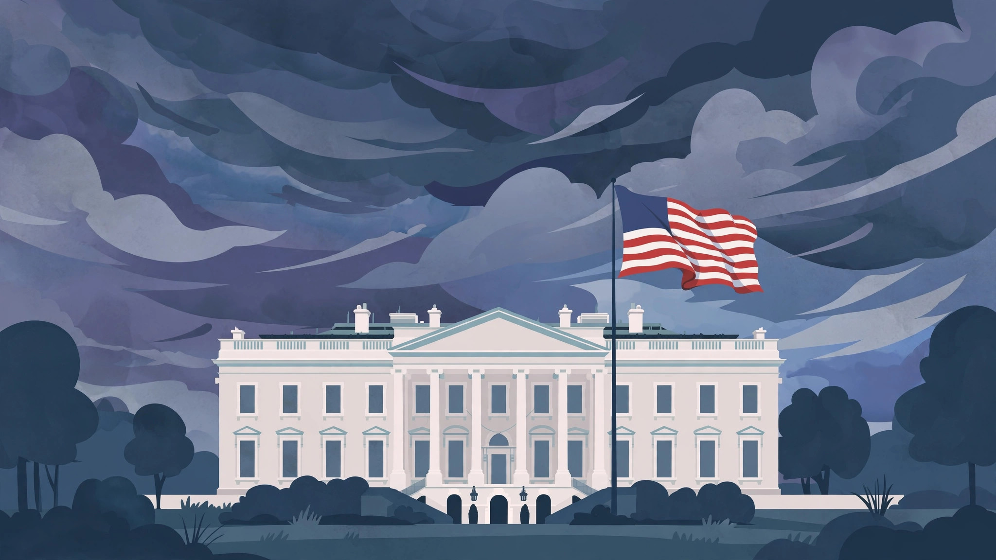 Illustration of the White House with an American flag under a dramatic sky.