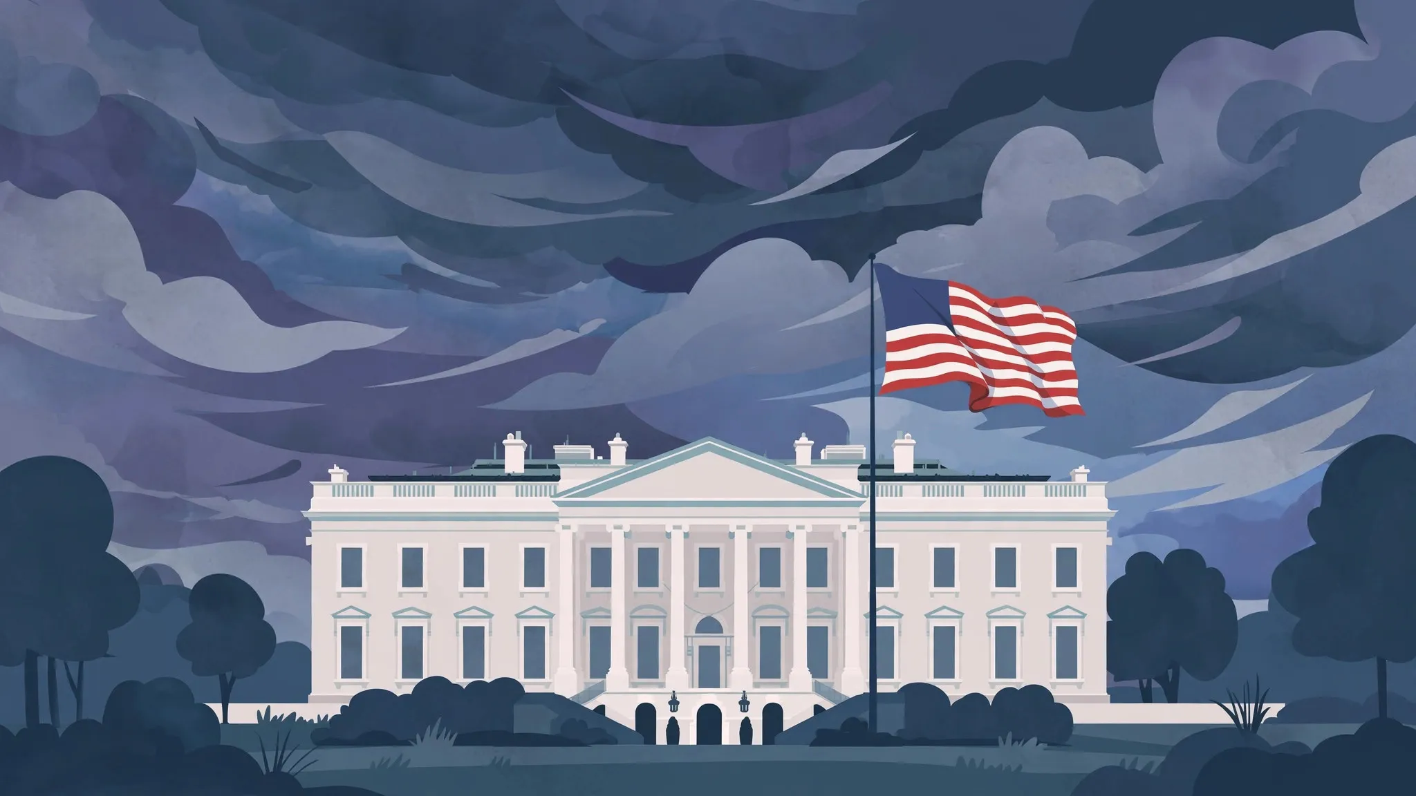 Illustration of the White House with an American flag under a dramatic sky.