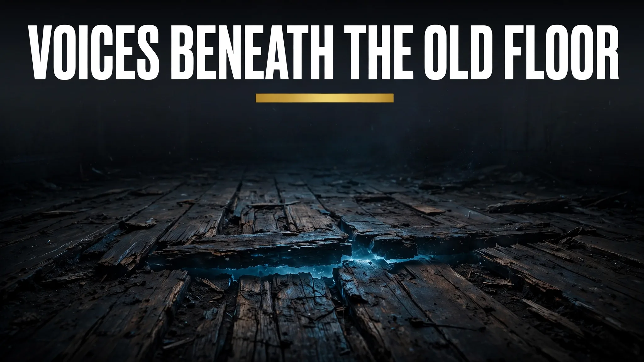 A dark old wooden floor with cracks and a faint cold glow coming from between the floorboards at night