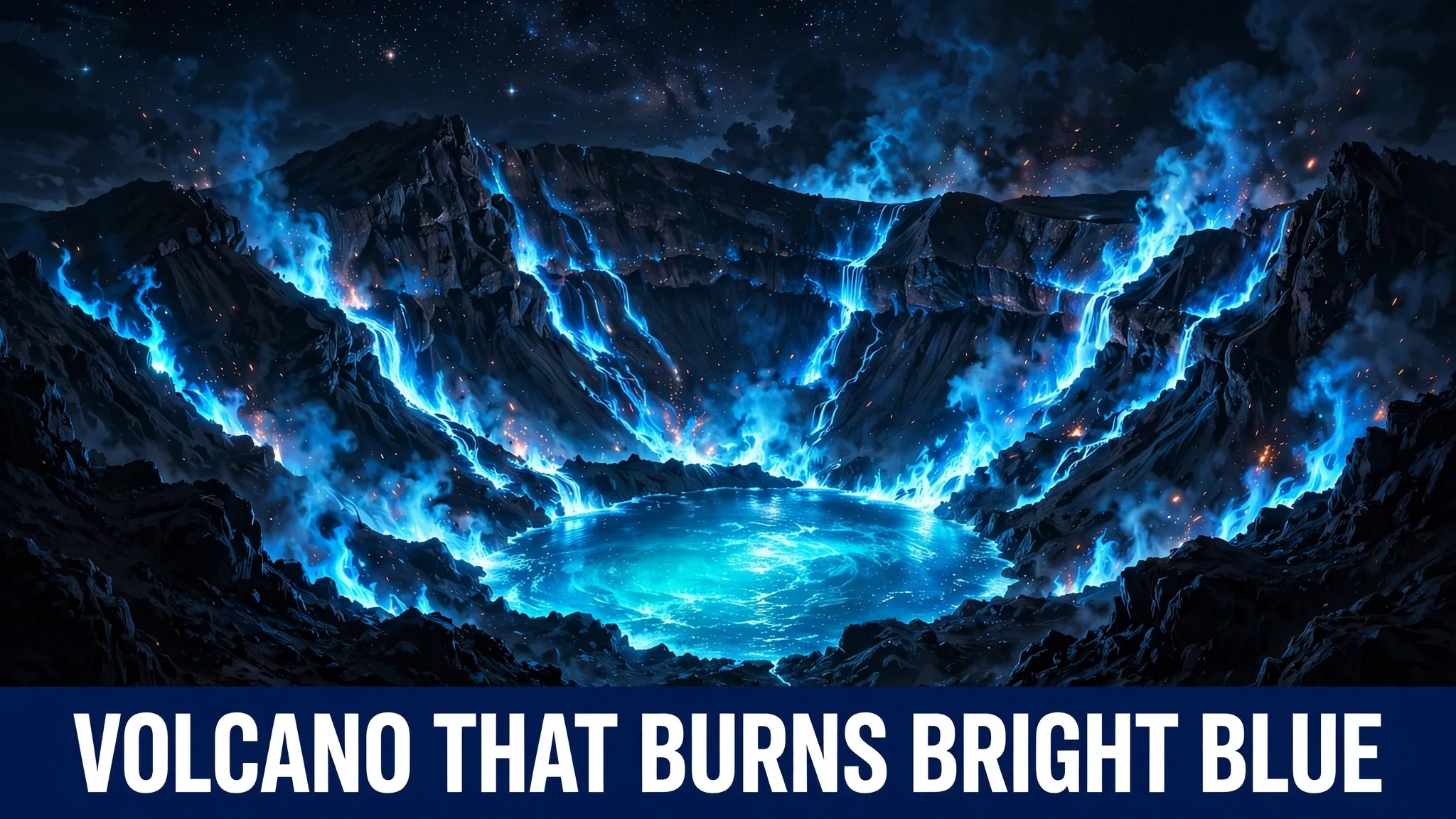 Electric blue flames burning in the dark crater of Kawah Ijen volcano in Indonesia, beside its turquoise acid lake.
