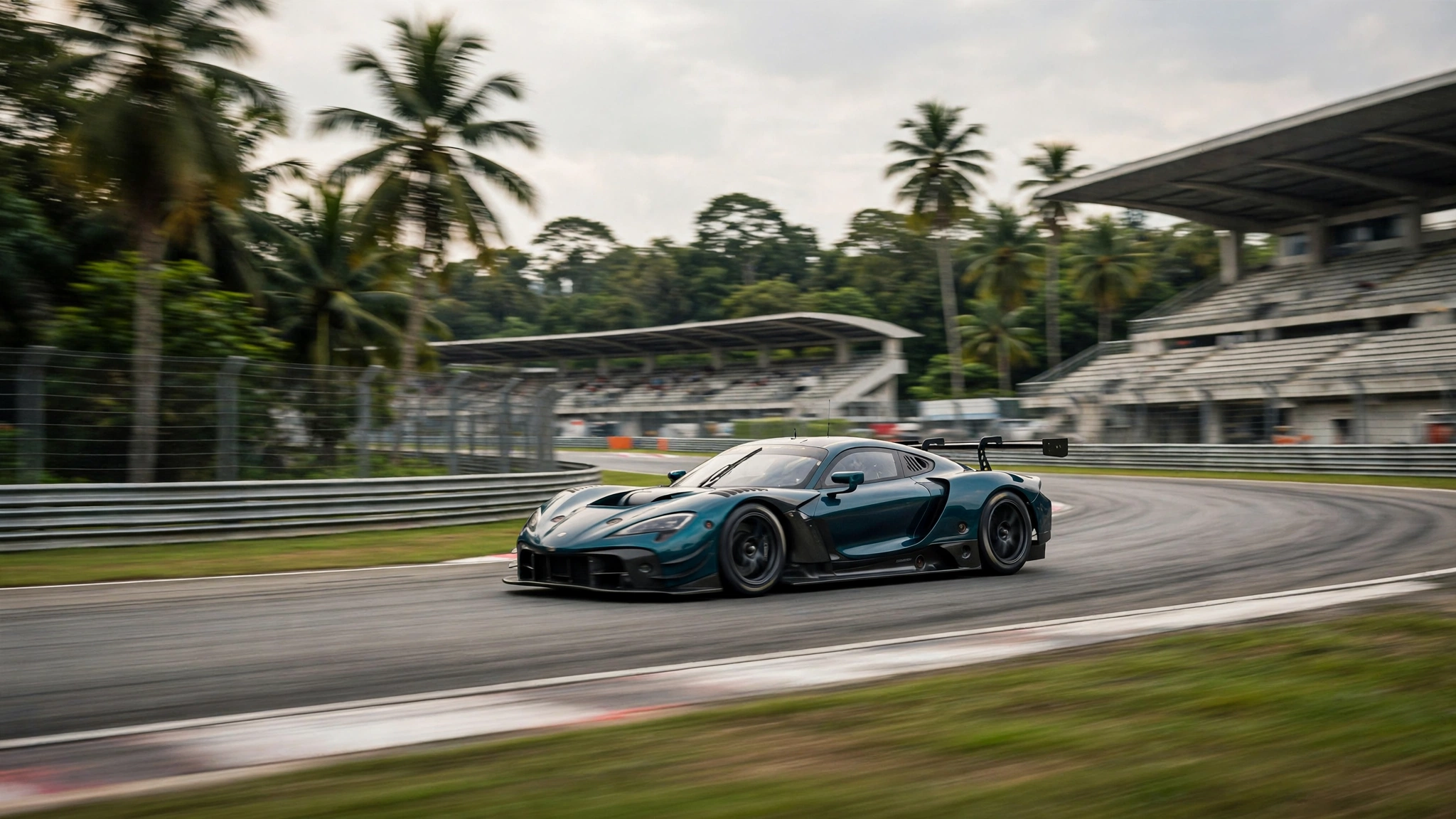 A GT race car speeding around the Sepang International Circuit in Malaysia