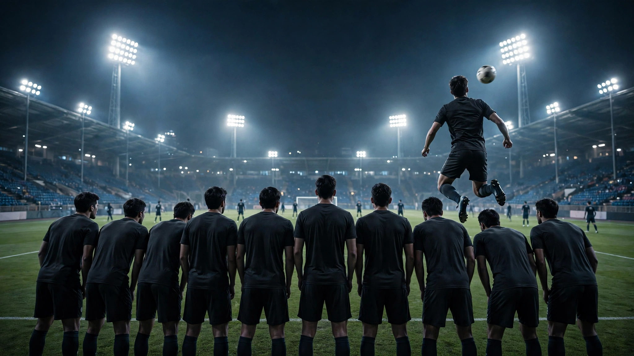 A free kick in a football match, with the ball in the air near a defender's head and Ronaldo watching, the moment of the disputed goal.