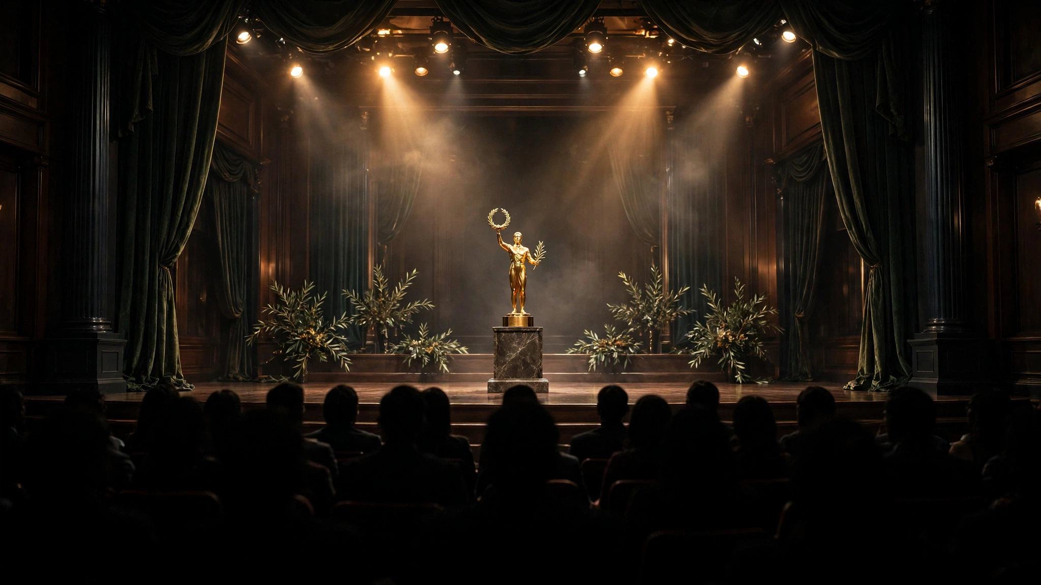 A golden award statue on a stage at a formal human rights awards ceremony