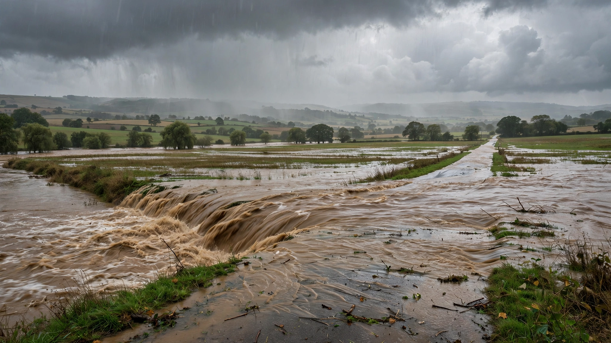 A river overflowing its banks across fields and a road under grey rainy skies