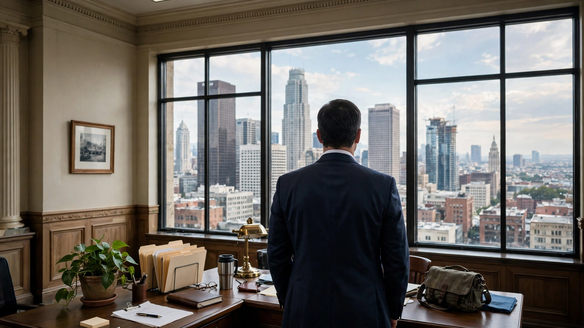 A mayor standing at a desk in a city hall office, with a city skyline visible through the window behind them.