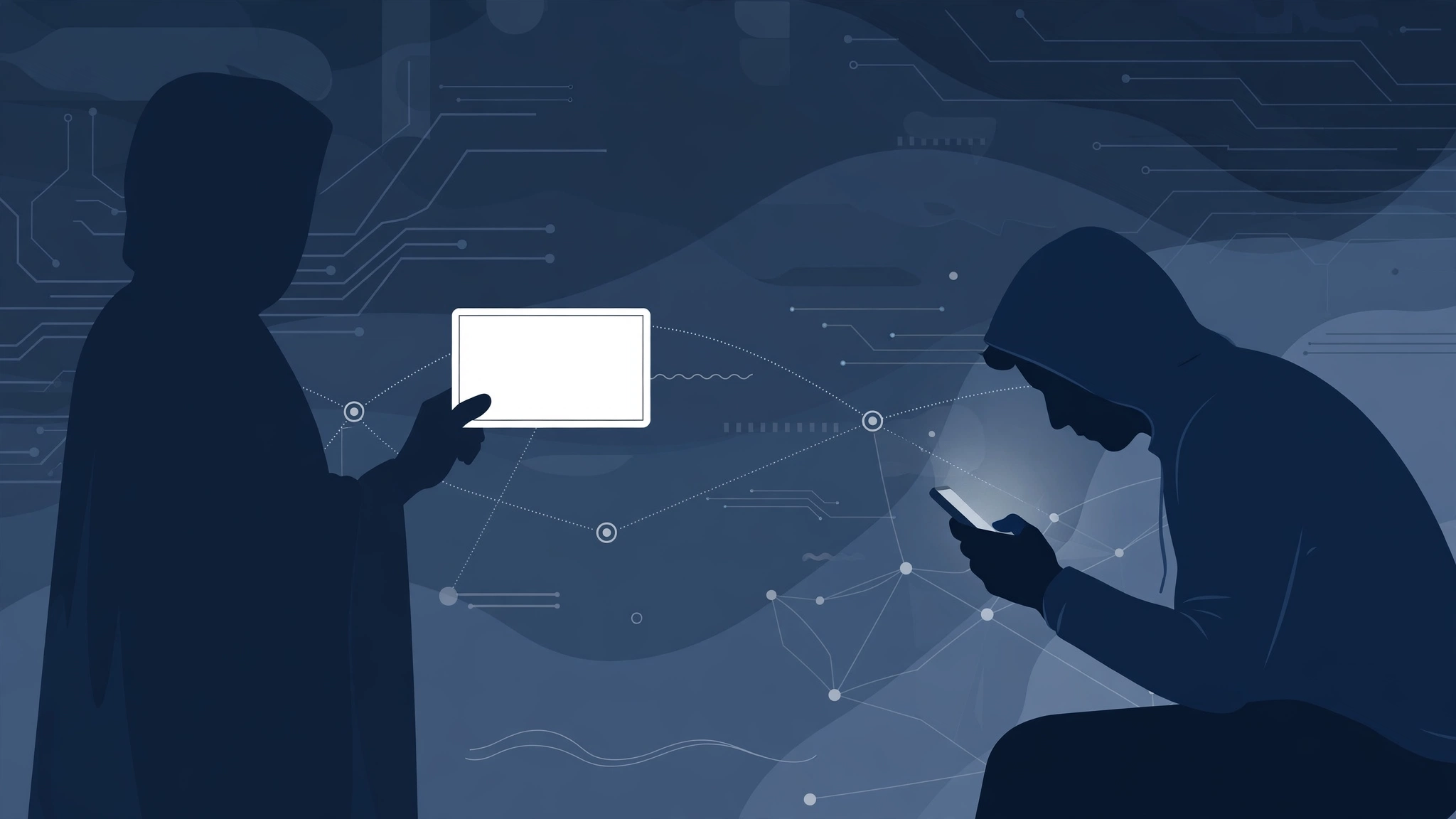 An illustration of a shadowy figure holding a stolen identity card with another person's name and photo, while a worried person looks at a phone bill.