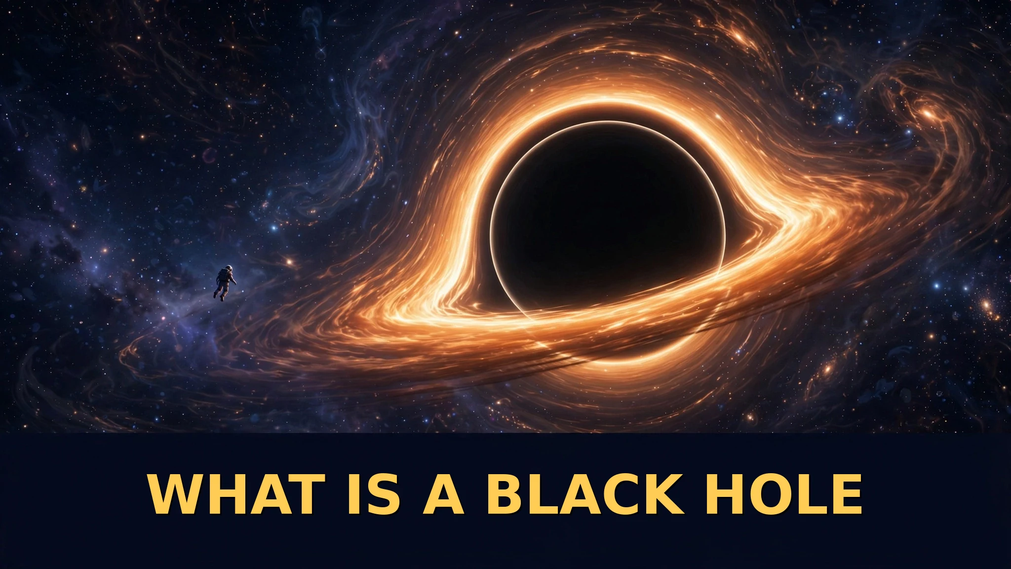 An original illustration of a glowing golden ring around the dark centre of a black hole in deep space, with a tiny astronaut watching from far away.