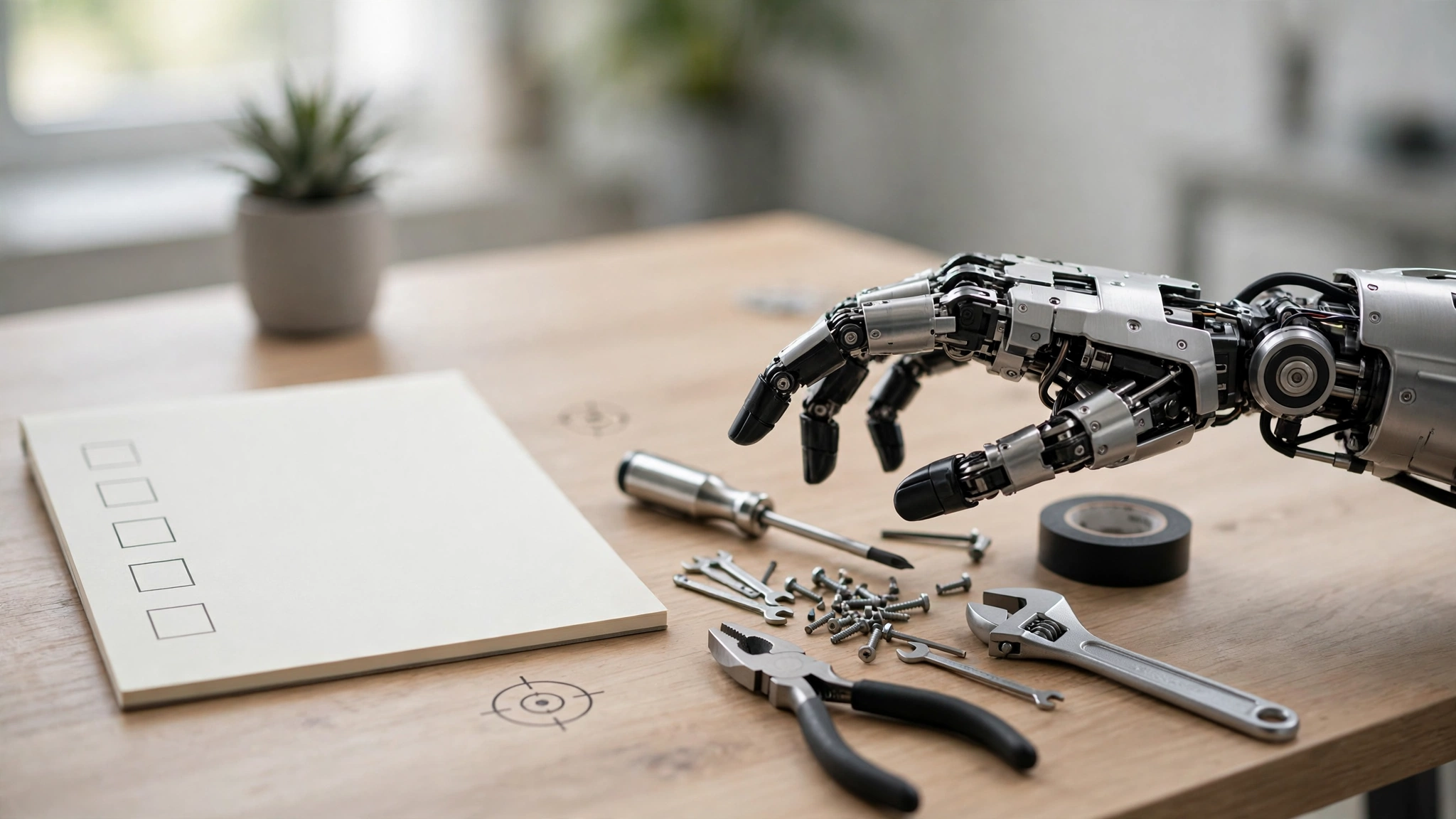 A robot hand reaching for tools on a desk, with a checklist and a goal written on a notepad beside it.