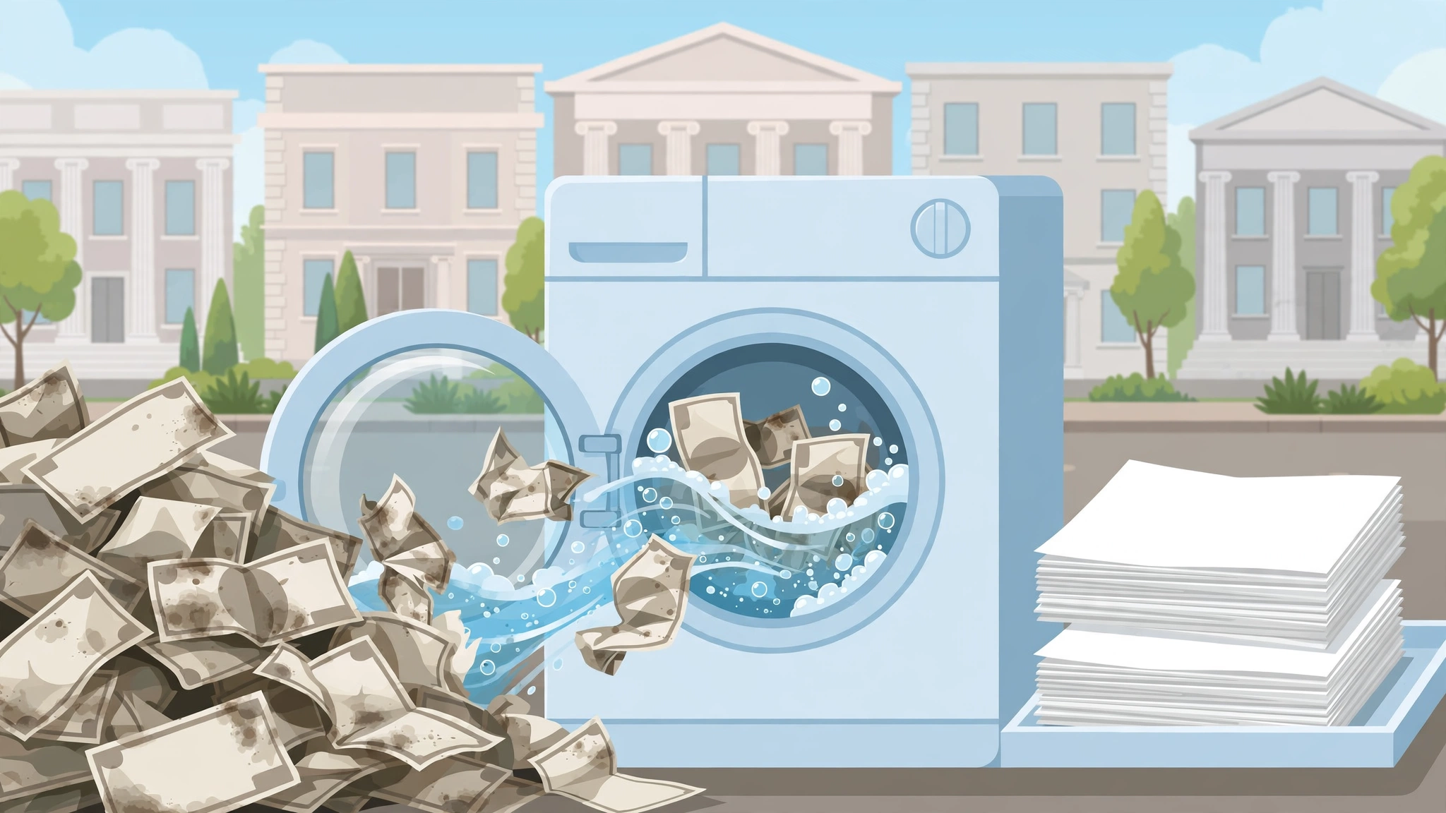 An illustration of dirty banknotes going into a washing machine and coming out looking clean on the other side, with bank buildings behind.