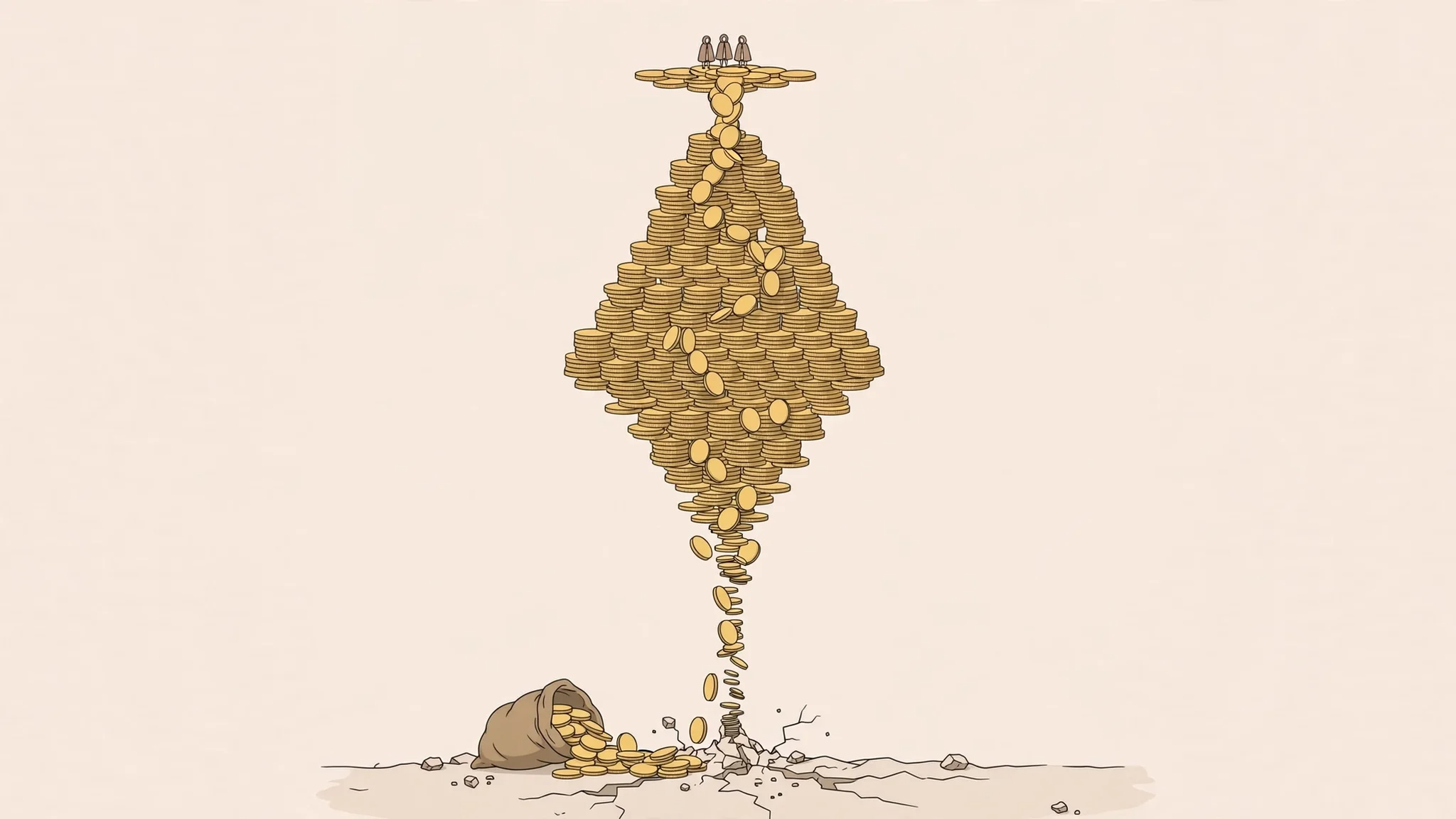 An illustration of a pyramid of coins with new coins at the bottom paying the people at the top, while the base grows thinner and thinner.
