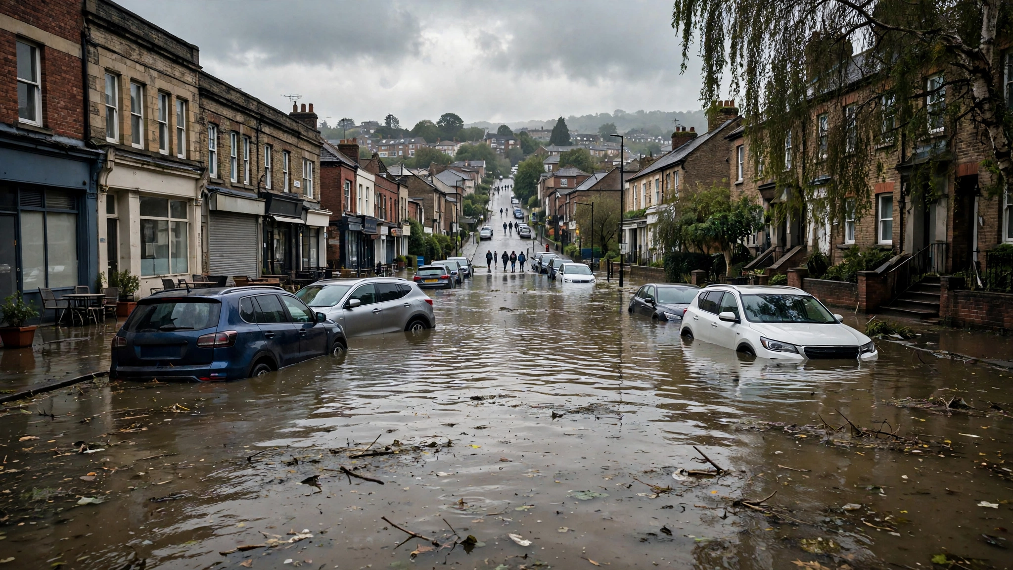 A flooded street with murky water reaching car doors, and people walking to higher ground in the distance