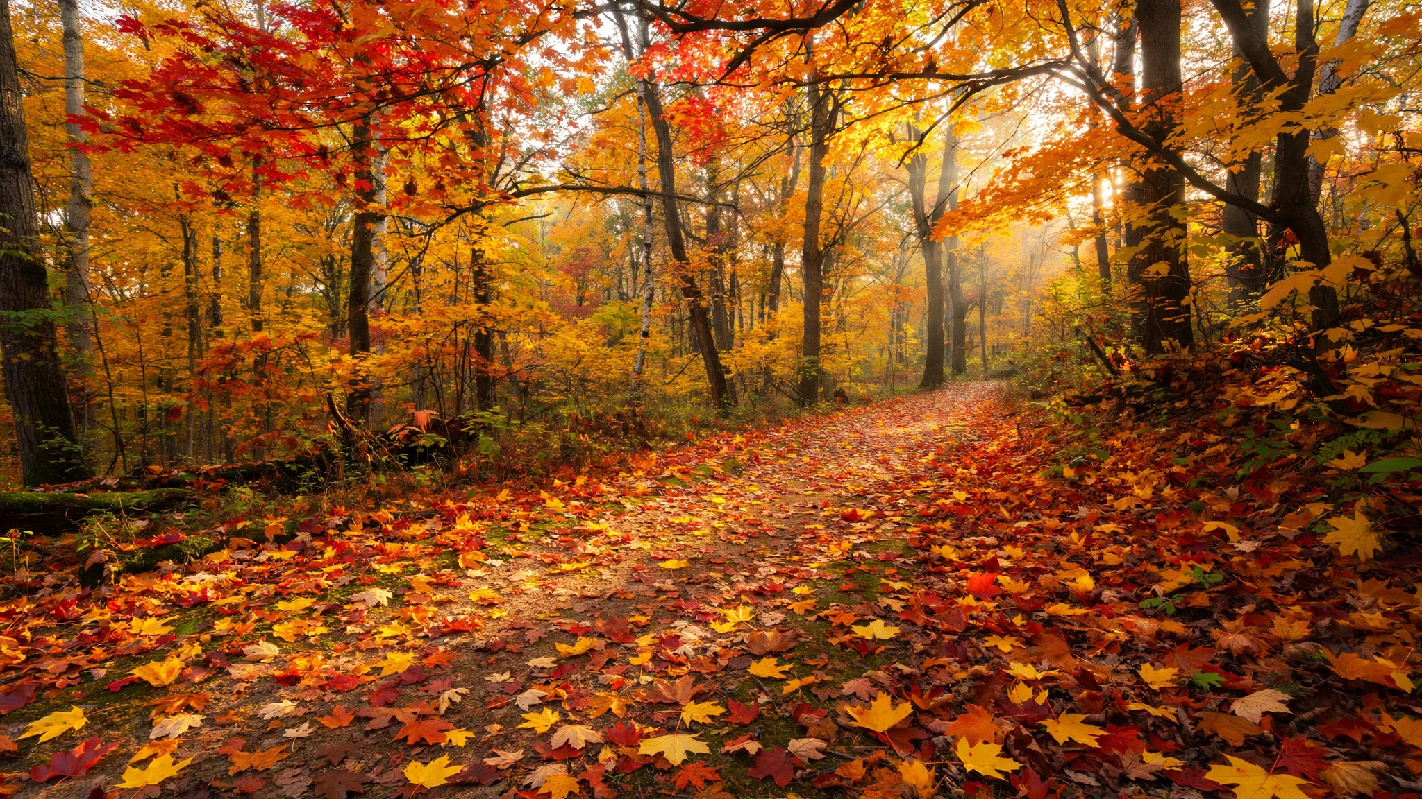 A forest path in autumn covered with fallen leaves in red, orange, and gold, with trees showing bright autumn colour.