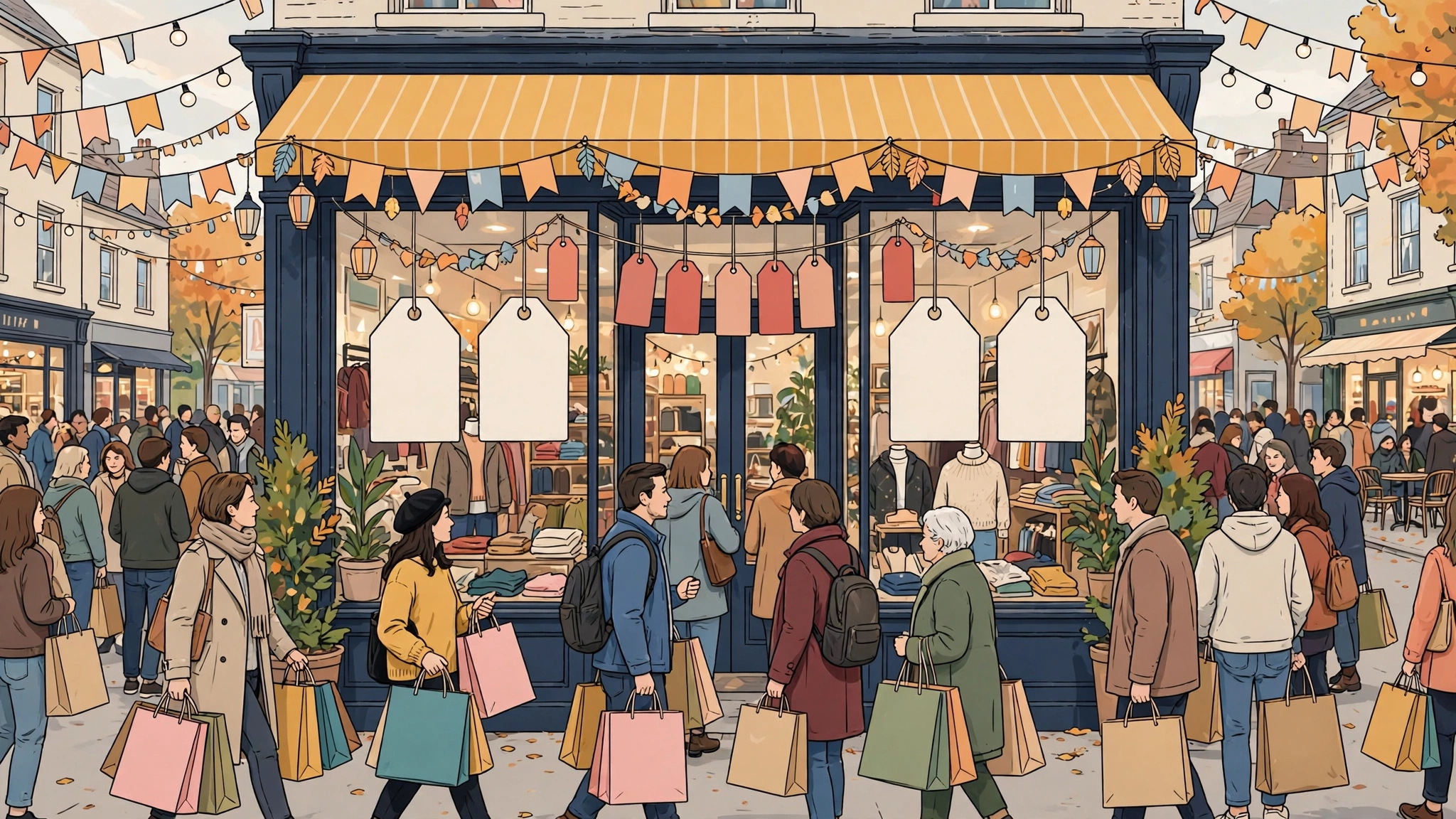 An illustration of a busy shop front on a sale day, with large price-cut signs in the window and crowds of shoppers with bags.