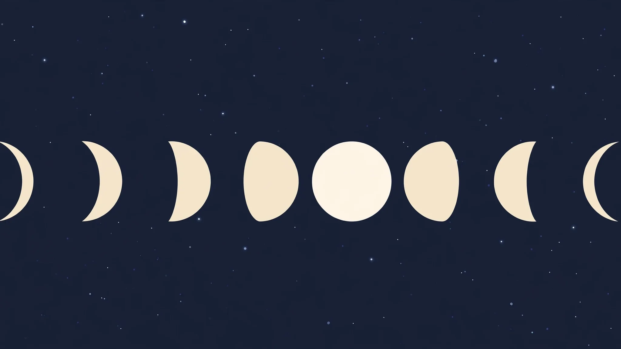 An illustration of the Moon in its eight phases in a row across a night sky, from a thin crescent to full and back again.
