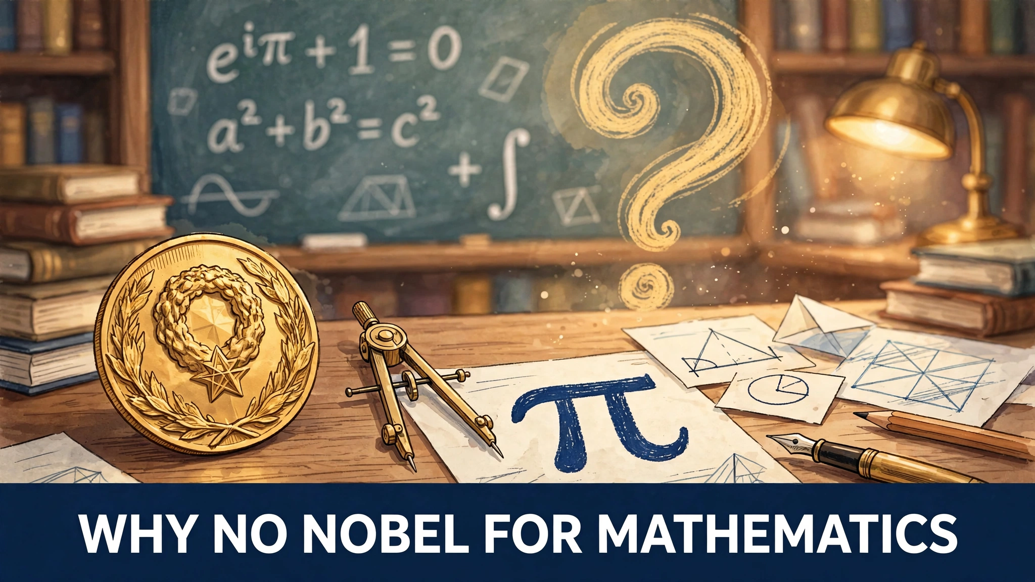 An original illustration of a golden Nobel-style medal resting beside an open mathematics book full of numbers and shapes, with one empty chair among the prize categories.
