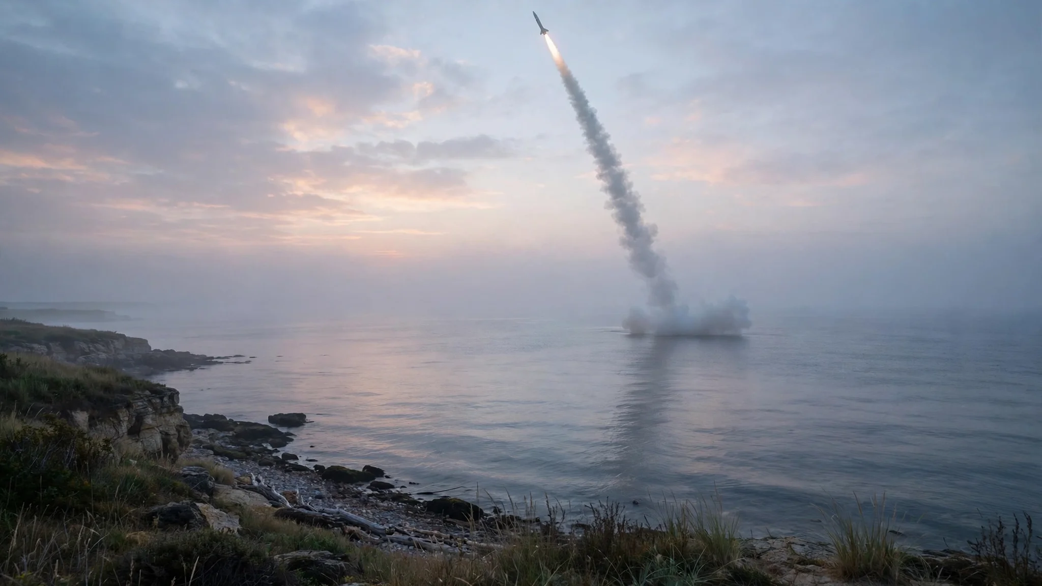 A missile rising into the sky over the sea at dawn, seen from a distant shoreline