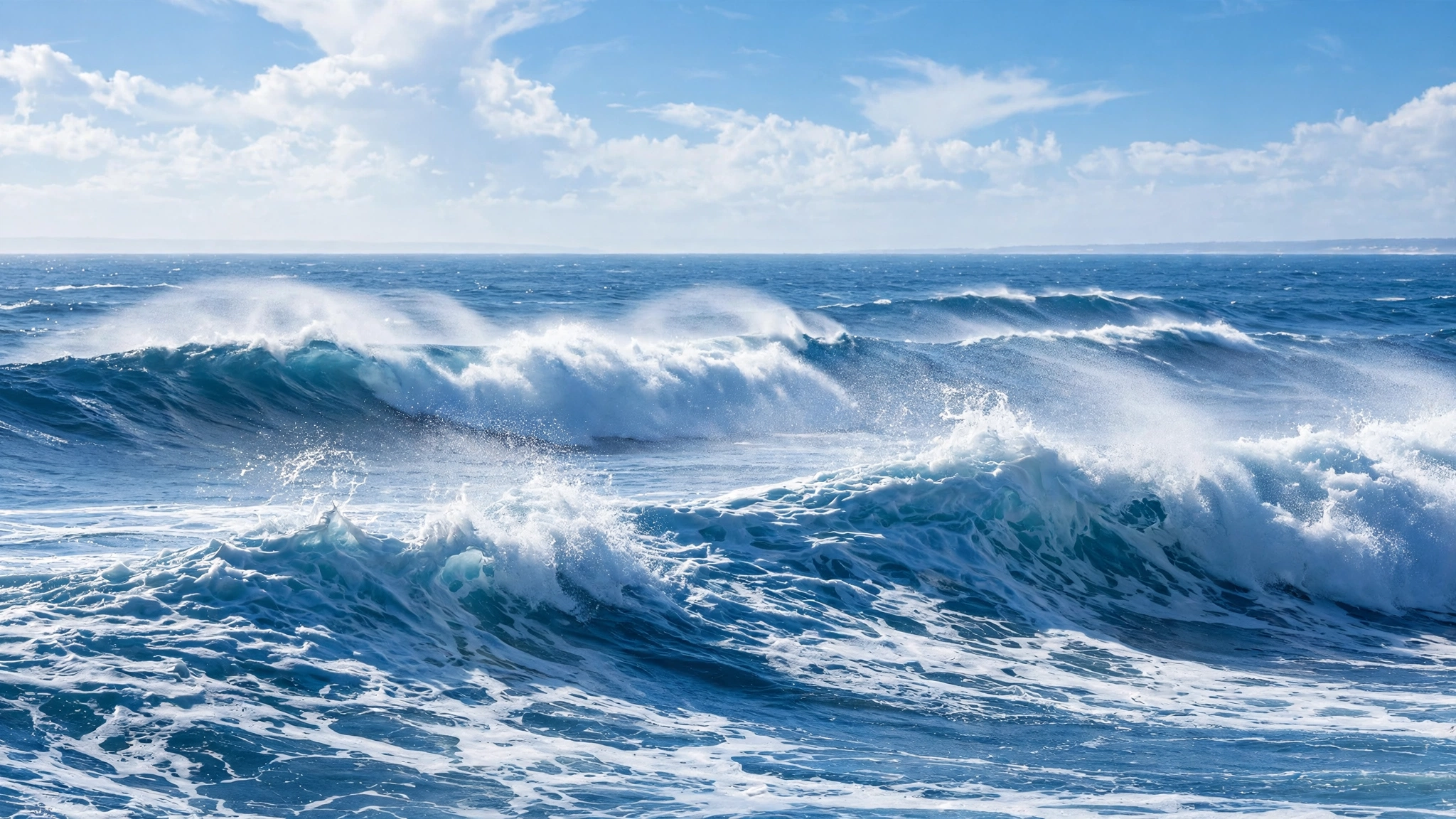 A wide view of blue ocean waves under a bright sky, with sea spray and white foam on the crests.