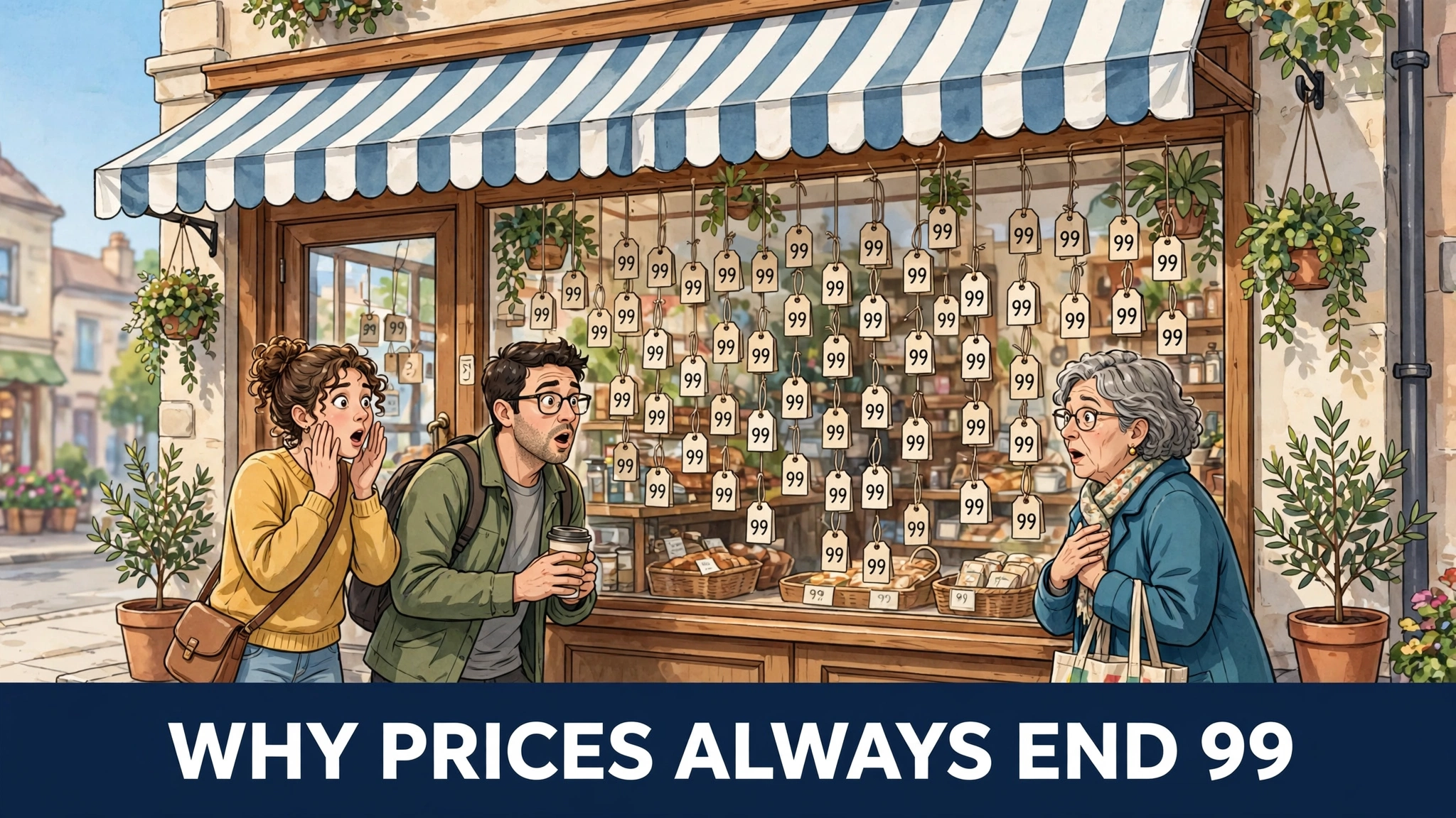 An original illustration of a cheerful shop window crowded with hanging price tags that all end in 99, while surprised shoppers look at the bargains.