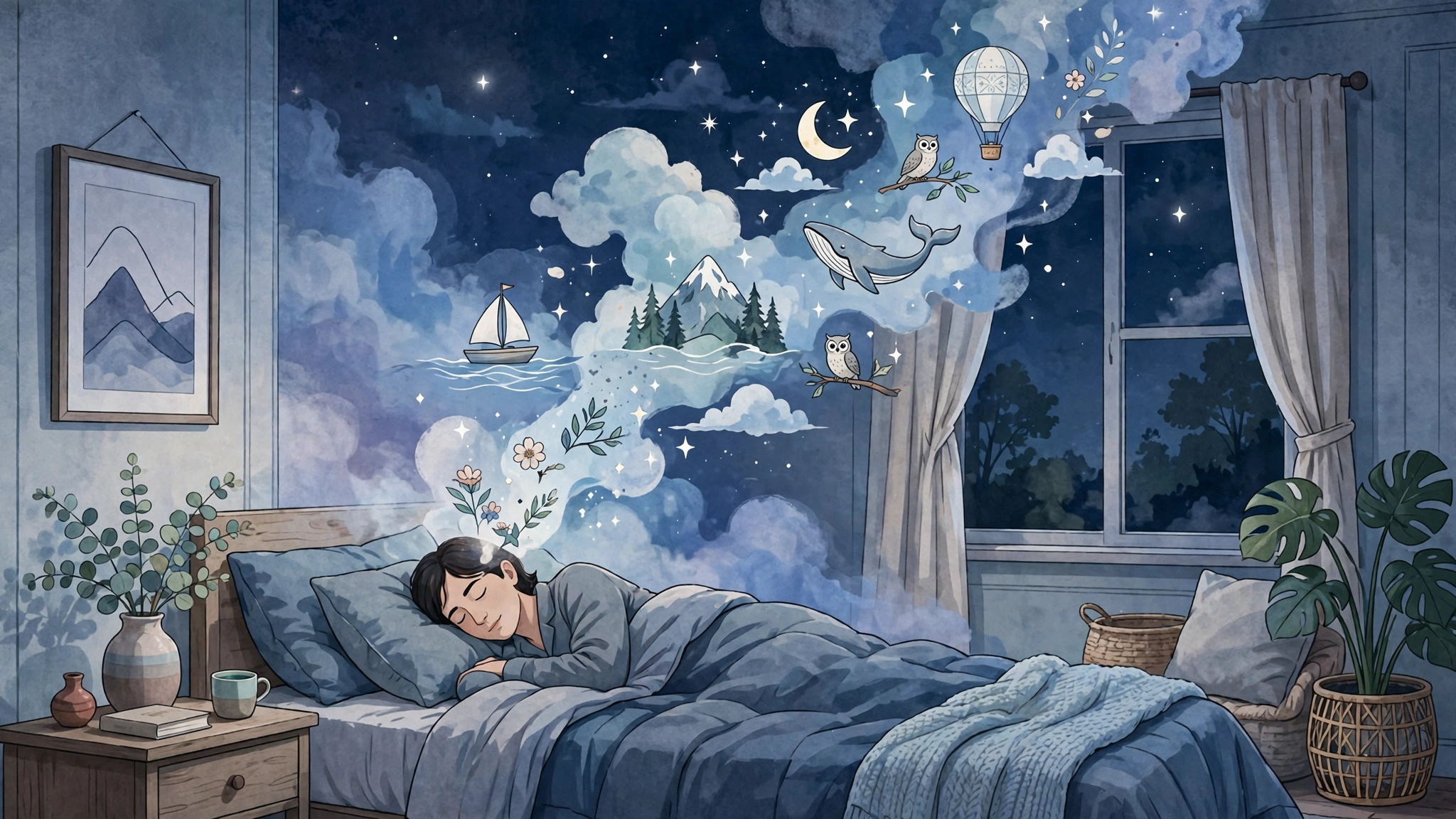 An illustration of a person asleep in bed at night, with dreamy clouds, stars, and floating images rising above their head.