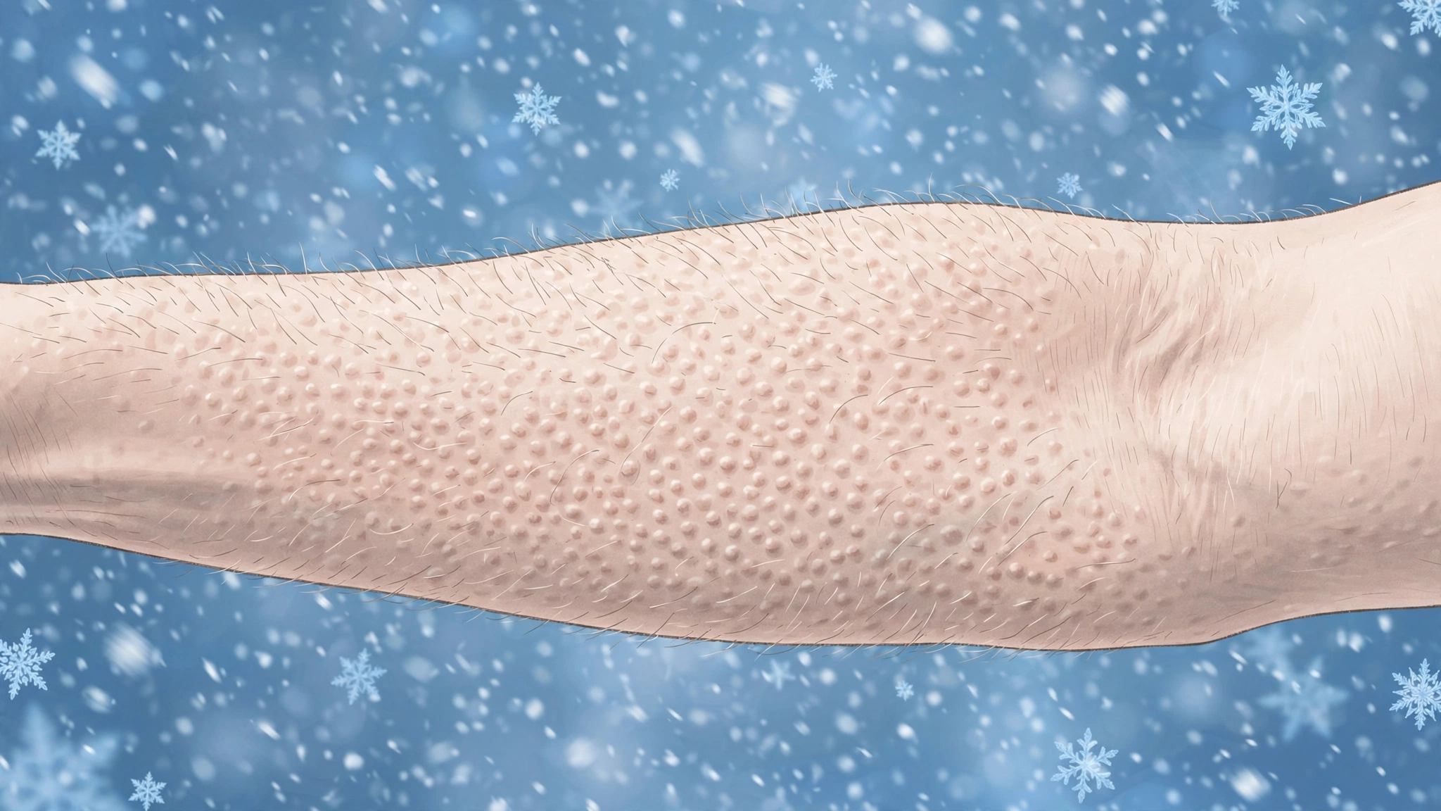 An illustration of a person's forearm covered in goosebumps, with tiny hairs standing upright, against a cold blue background with snowflakes.