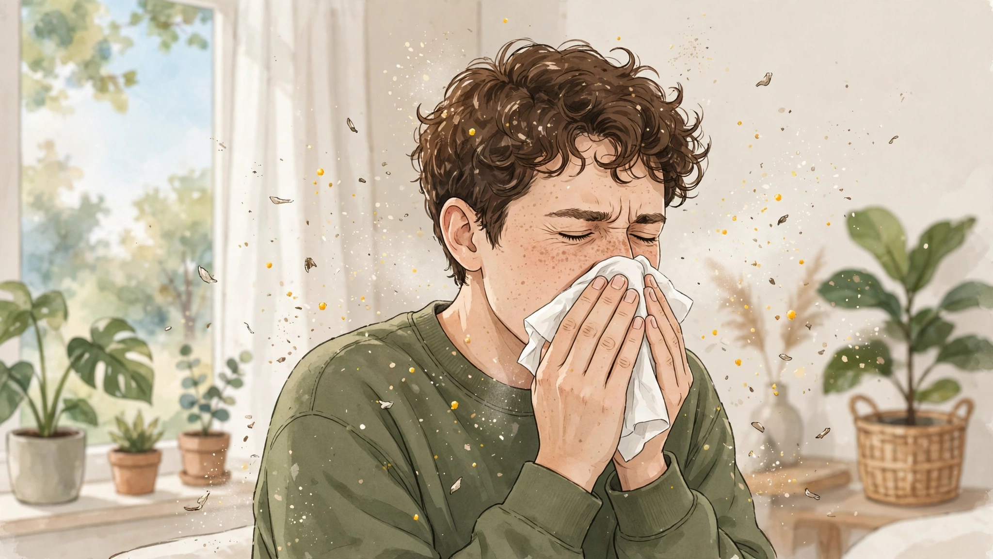 An illustration of a person sneezing into a tissue, with small dust and pollen particles flying in the air around them.