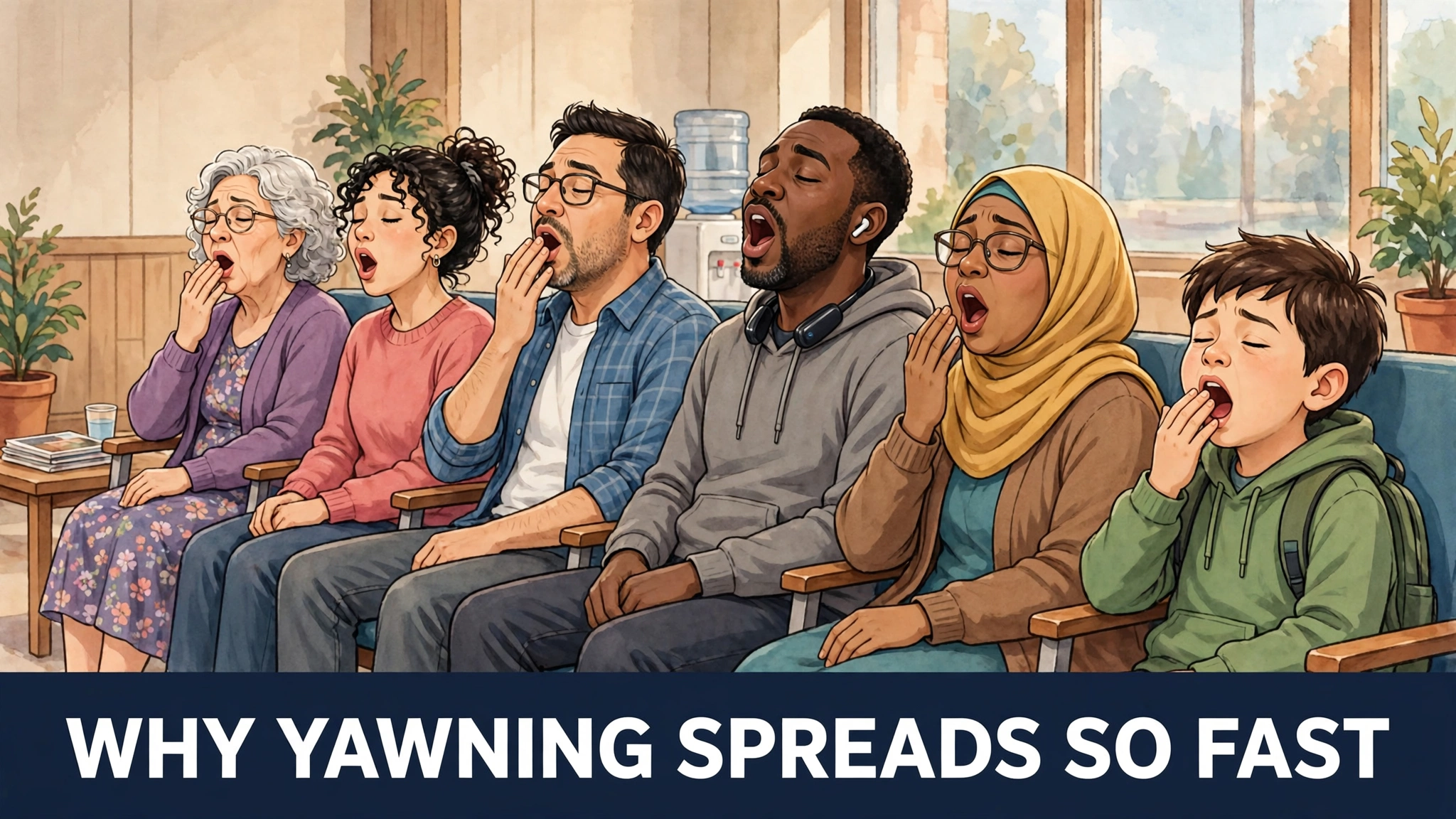 An original illustration of people sitting in a row in a waiting room, yawning one after another like a wave passing along the seats.