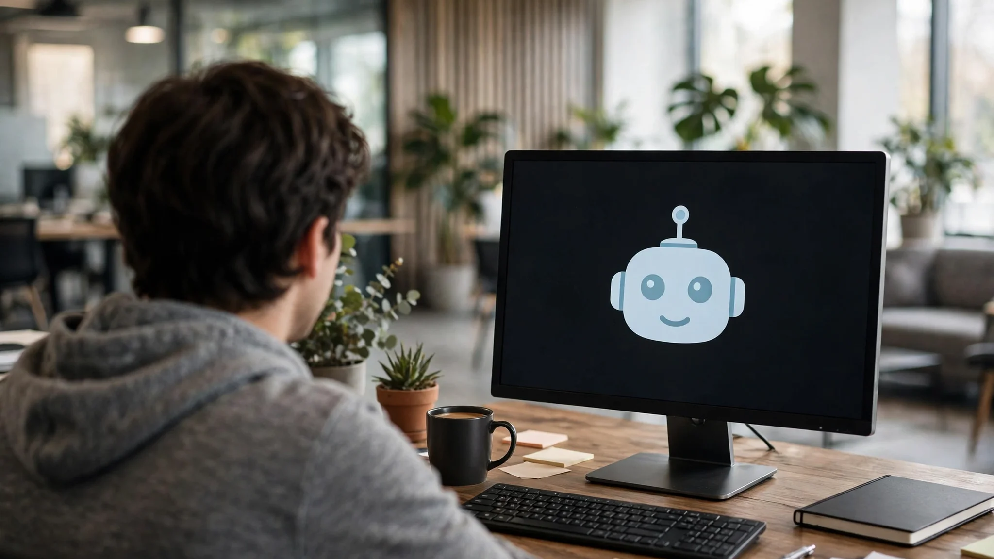 A worker at a desk looking at a computer screen showing a robot icon, with a thoughtful expression, in a modern office.