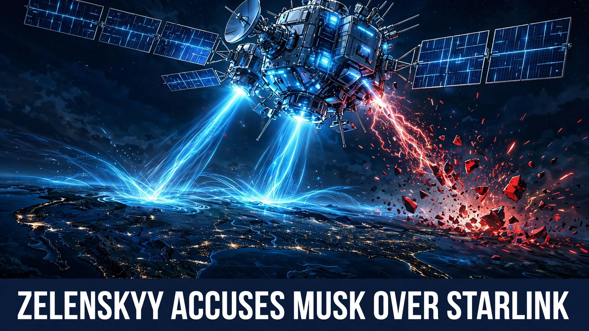An illustration of a communications satellite beaming blue signals down to Earth at night, with one beam breaking apart in red sparks.